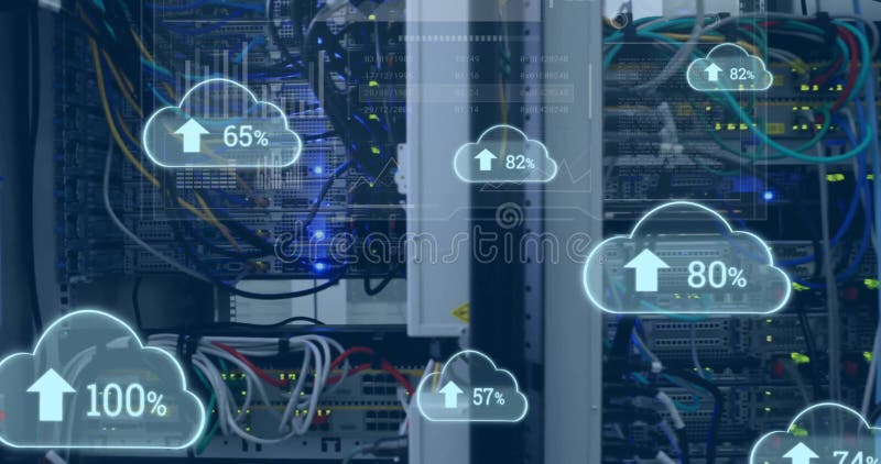 Animation of data processing over clouds and server room stock video footage