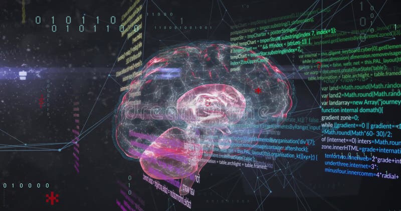 Animation of data processing over digital brain and network of connections on black background vector illustration