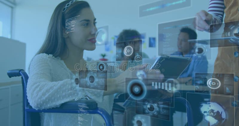 Animation of data processing over disabled cuacasian woman sitting in wheelchair using tablet stock illustration