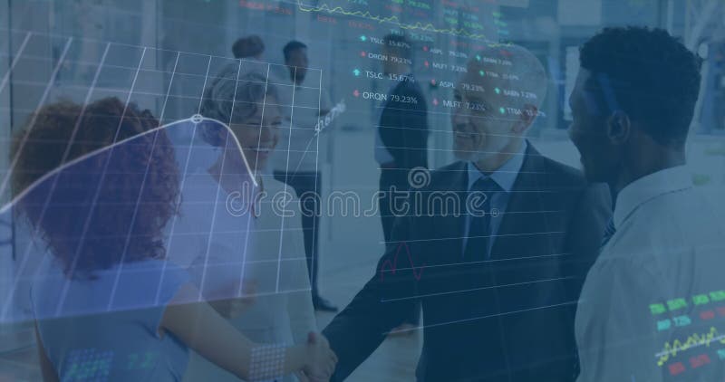 Animation of data processing over diverse business people in office stock video