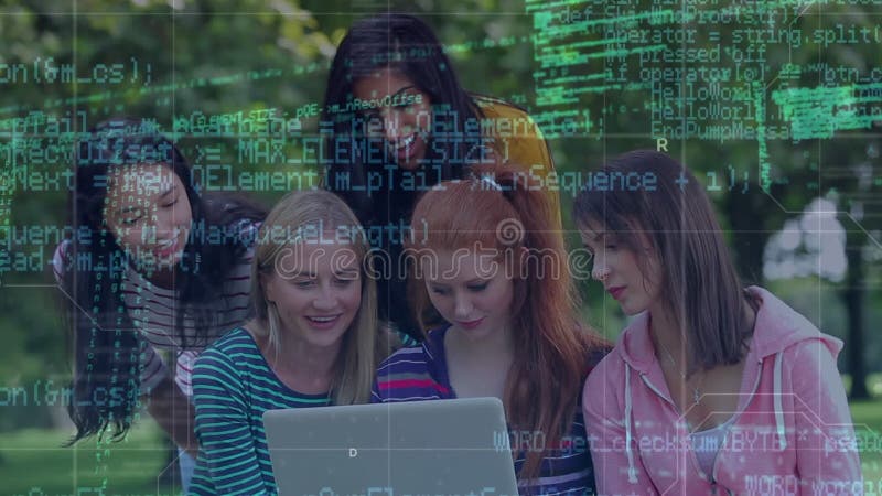 Animation of data processing over diverse business people using laptop stock footage