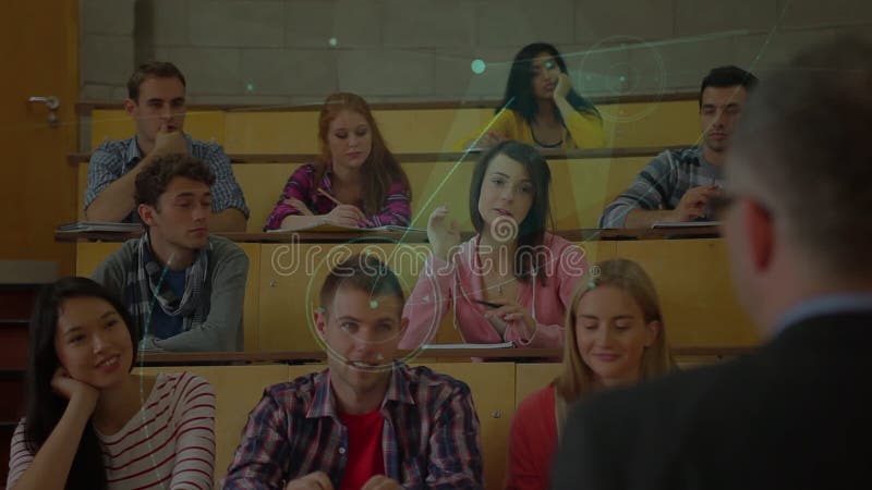 Animation of data processing over diverse students learning in classroom stock video