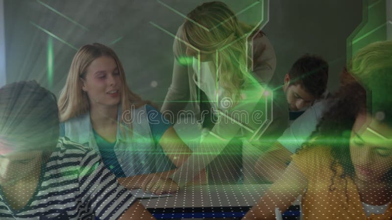Animation of data processing over diverse students with teacher stock video footage