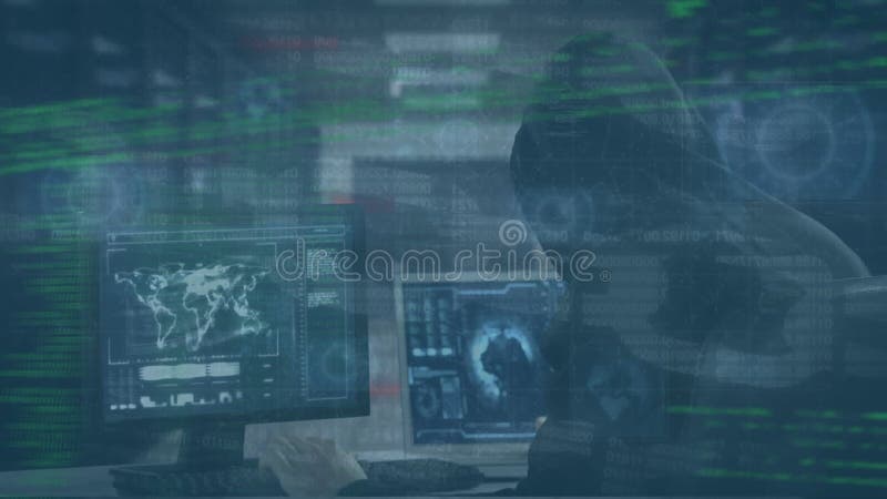 Animation of data processing over hacker with laptop stock footage