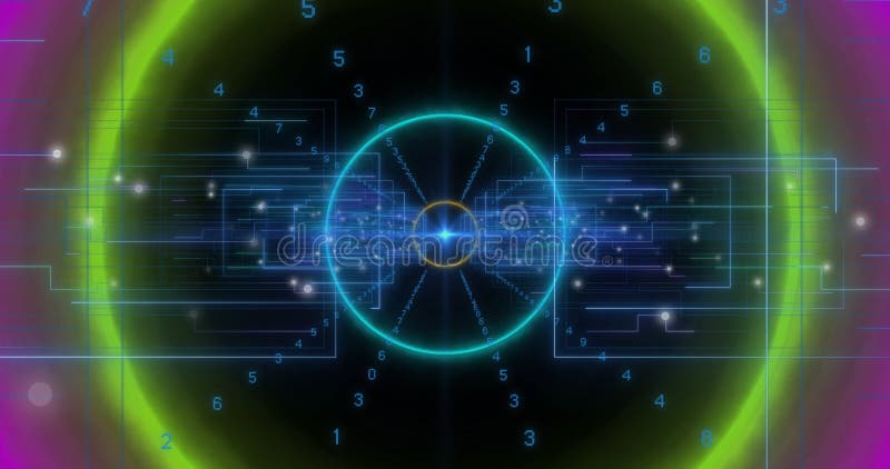 Animation of data processing over neon circles moving royalty free illustration