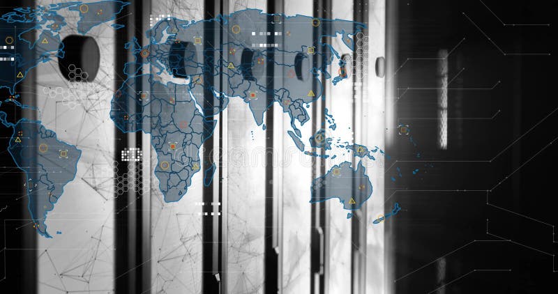 Animation of data processing over world map and server room stock footage