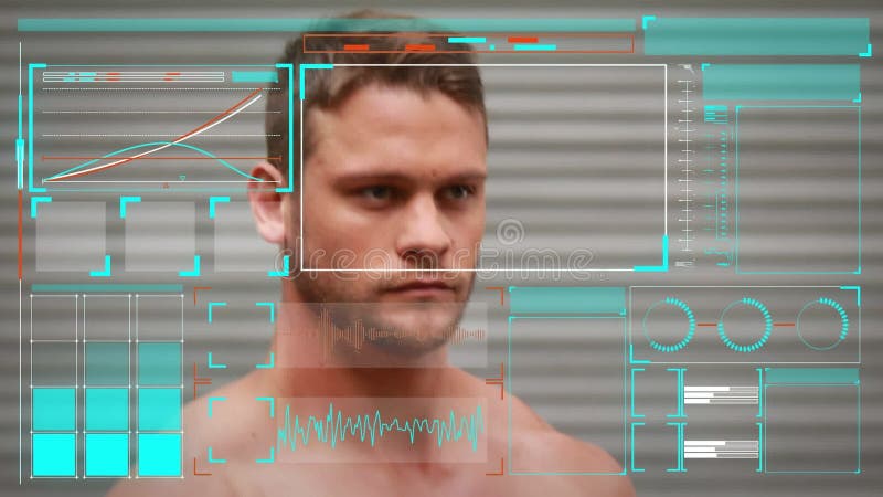 Animation of data processing on screens over caucasian man exercising stock footage