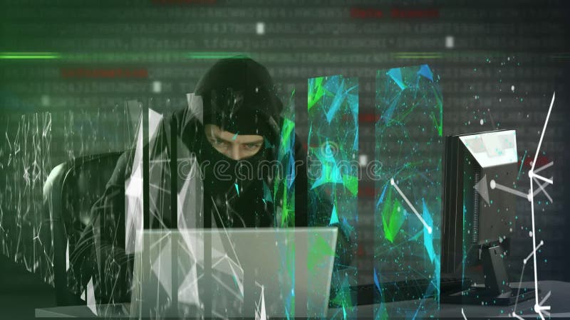 Animation of data processing and shapes over caucasian male hacker stock video