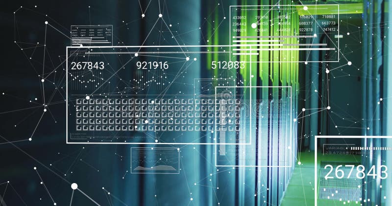 Animation of data processing and shapes over server room stock video