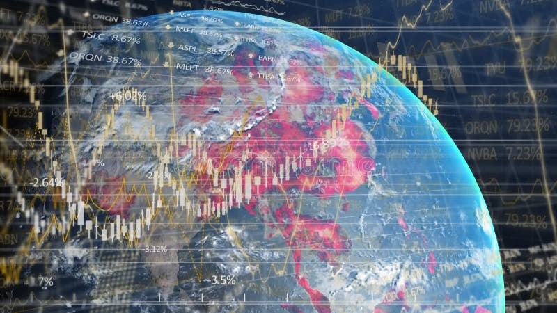Animation of data statistics and graphs processing over globe spinning vector illustration