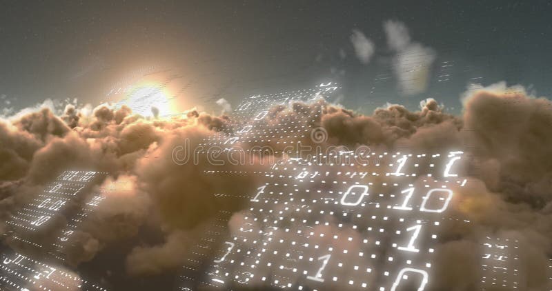 Animation de codage binaire traitement des données contre les nuages et le soleil brillant dans le ciel illustration stock