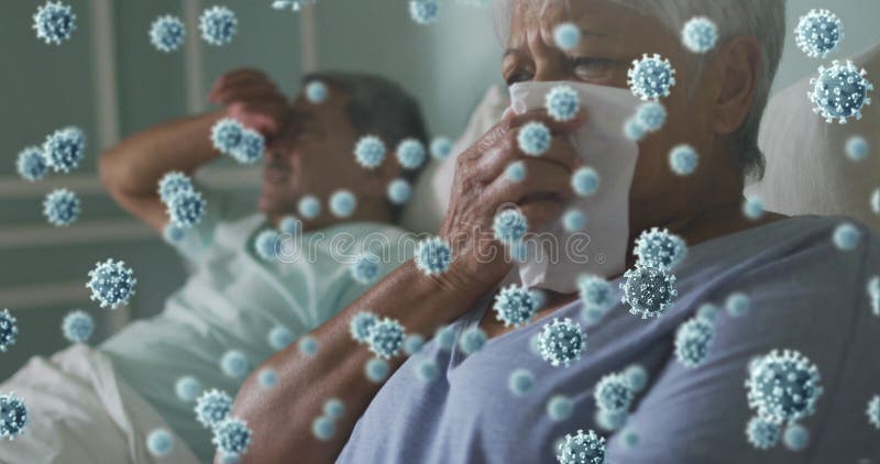 Animation de covid 19 cellules sur couple senior au lit femme éternuant banque de vidéos
