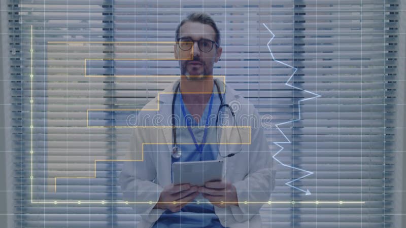 Animation de diagrammes de déplacement sur un médecin mâle caucasien utilisant tablette banque de vidéos