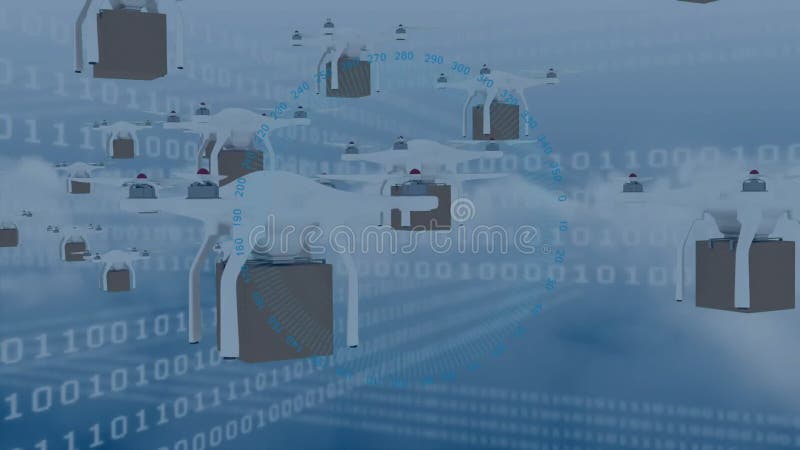 Animation de drones avec boîtes et codage binaire illustration stock