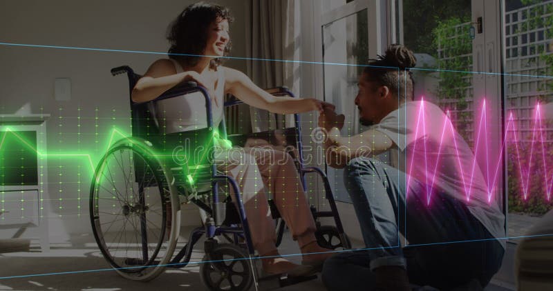 Animation de fréquence cardiaque néon sur couple biracial heureux femme en fauteuil roulant banque de vidéos