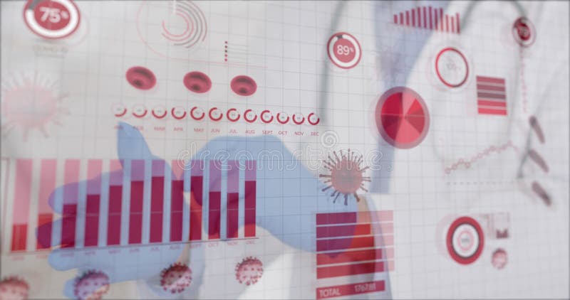 Animation de l'enregistrement des statistiques et de la cécité 19 cellules sur le médecin masculin mettant des gants banque de vidéos