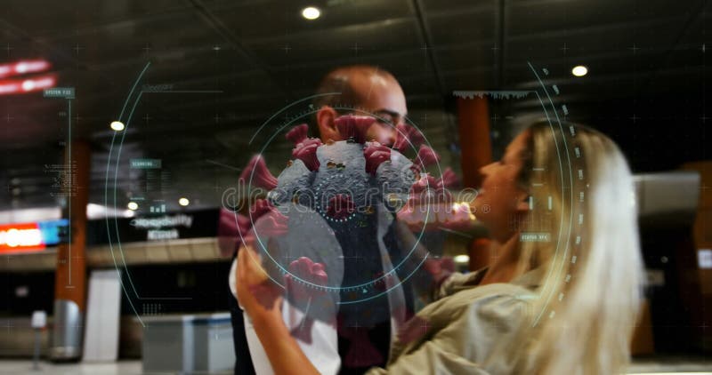 Animation de la macro flottante covid19 cellule sur un couple caucasien embrassant à l'aéroport banque de vidéos