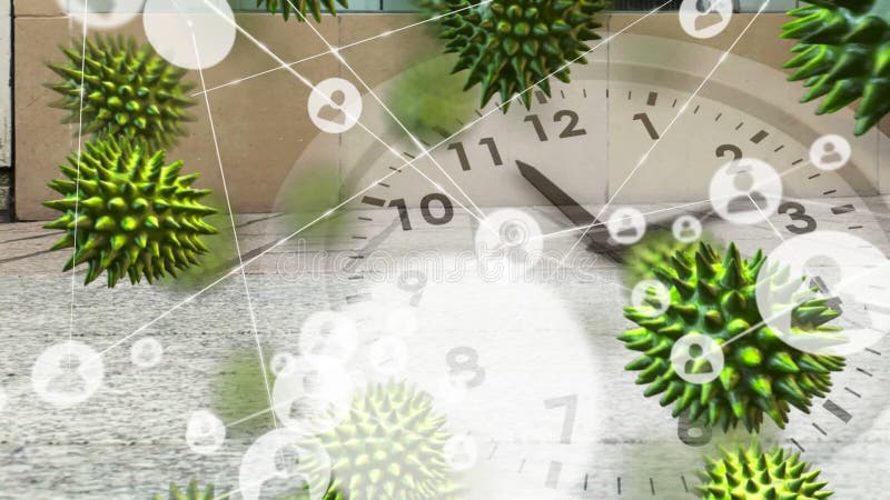 Animation de macro coronavirus covid19 cellules se répandant sur les connexions réseau avec des icônes illustration stock