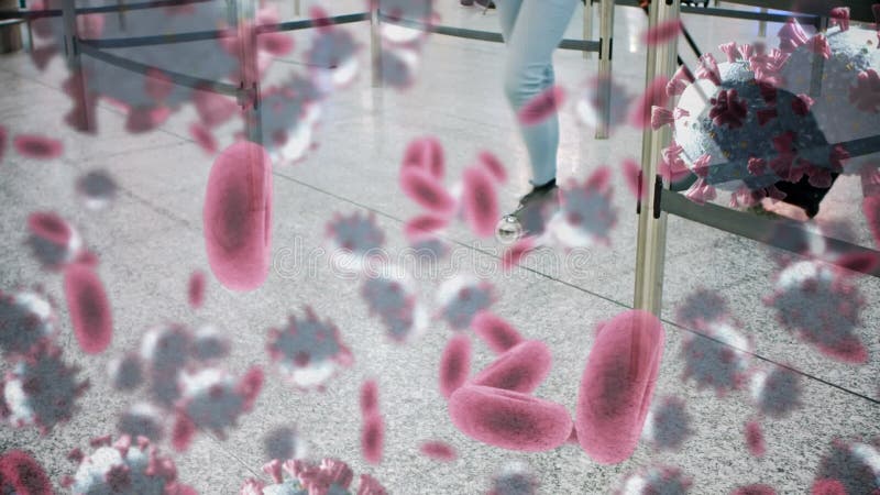 Animation de macro covid19 et de cellules sanguines flottant au-dessus des personnes marchant à l'aéroport banque de vidéos