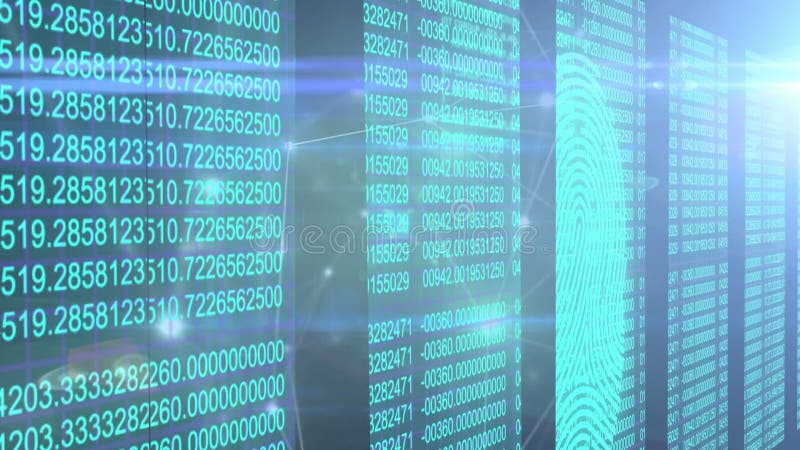 Animation de numéros, connexions lumineuses et empreintes digitales illustration stock