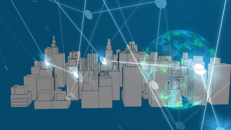Animation de points reliés à des lignes sur le modèle 3d ville sur le globe rotatif numérique illustration stock