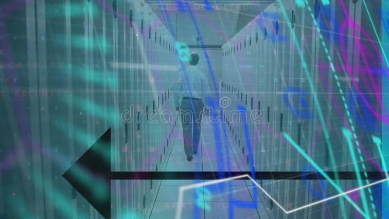 Animation de scanners néon et traitement de données de sécurité informatique contre ingénieur mâle dans la salle serveur illustration stock