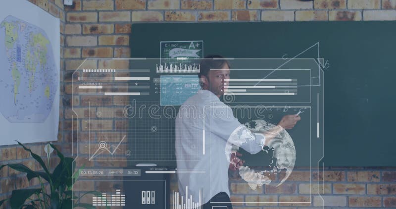 Animation de statistiques et traitement de données sur un professeur mâle caucasien banque de vidéos