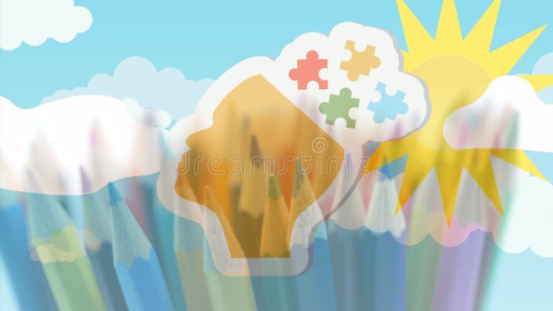 Animation de tête humaine jaune avec des puzzles sur les crayons de couleur et le soleil sur le ciel bleu clips vidéos