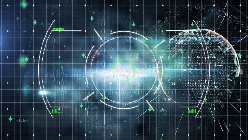 Animation de viewfinder sur le code binaire et le globe illustration de vecteur