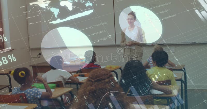 Animation der Datenverarbeitung über verschiedene Schülergruppen mit Lehrerin stock footage