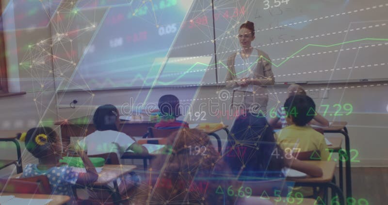 Animation der Datenverarbeitung über verschiedene Schülergruppen mit Lehrerin stock footage