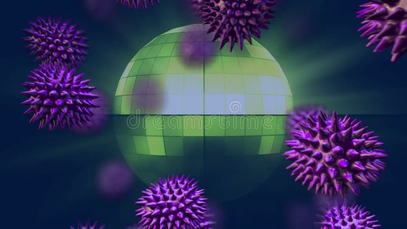 Animation der digitalen grünen Kugel mit schwimmenden violetten virusähnlichen Partikeln lizenzfreie abbildung