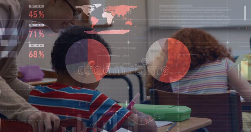 Animation der statistischen Datenverarbeitung über kaukasische Lehrerin und Schulkinder stock video footage