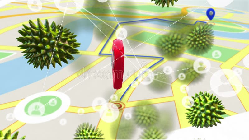 Animation des cellules coronavirus covid19 se répandant sur les connexions réseau avec les gens icônes localisation illustration de vecteur