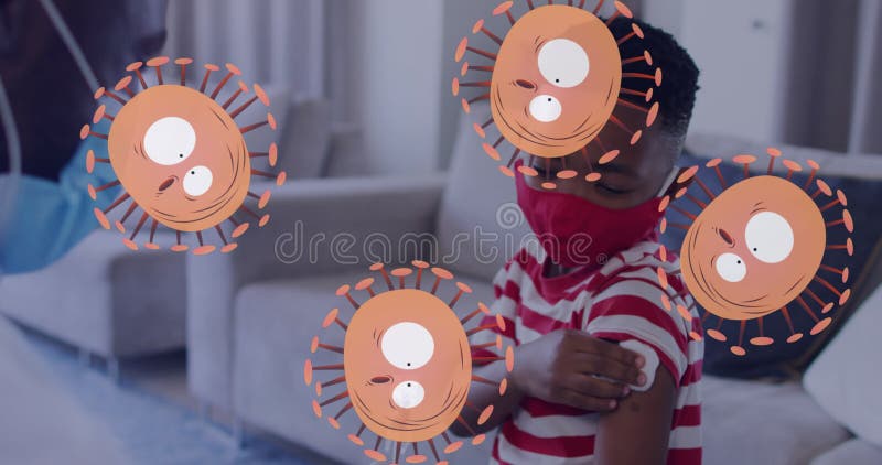 Animation des cellules de la vidange orange sur le masque du garçon sur le canapé à la maison banque de vidéos