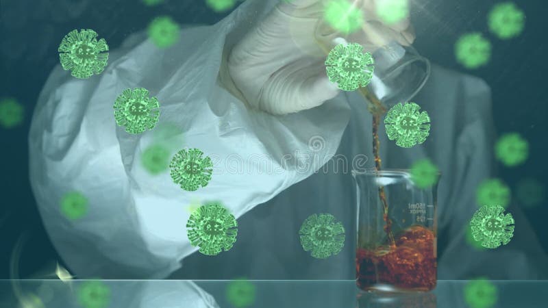 Animation des cellules macro covid19 flottant au-dessus d'un liquide de coulée de scientifique au ralenti banque de vidéos