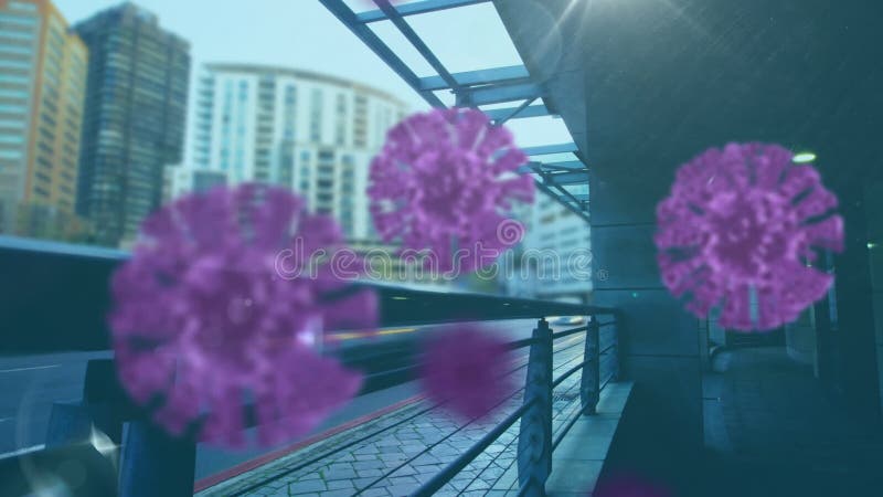 Animation des cellules macro covid19 flottant au-dessus d'un paysage urbain banque de vidéos