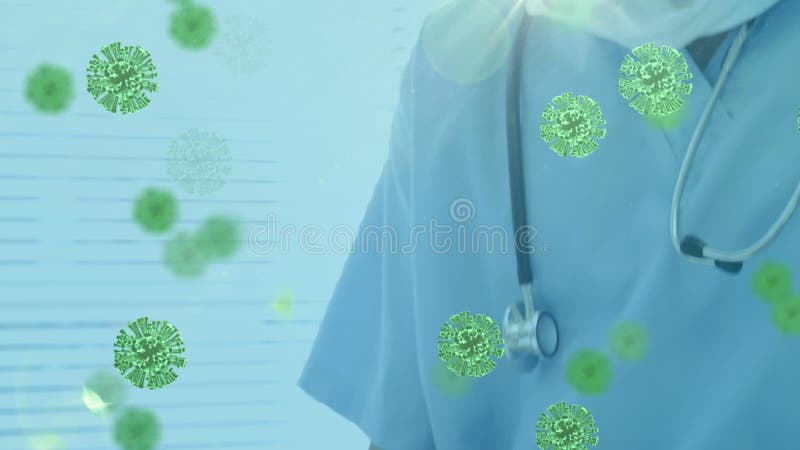 Animation des cellules macro covid19 flottant au-dessus du médecin caucasien mâle clips vidéos