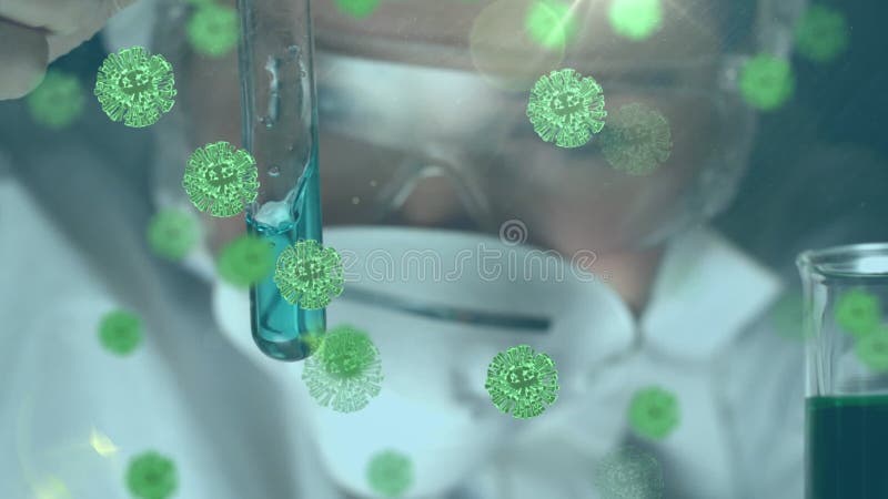 Animation des cellules macro covid19 flottant au-dessus du scientifique en regardant dans un tube clips vidéos