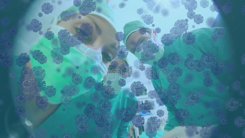 Animation des cellules macro covid19 flottant plus de trois médecins caméra jusqu'à clips vidéos