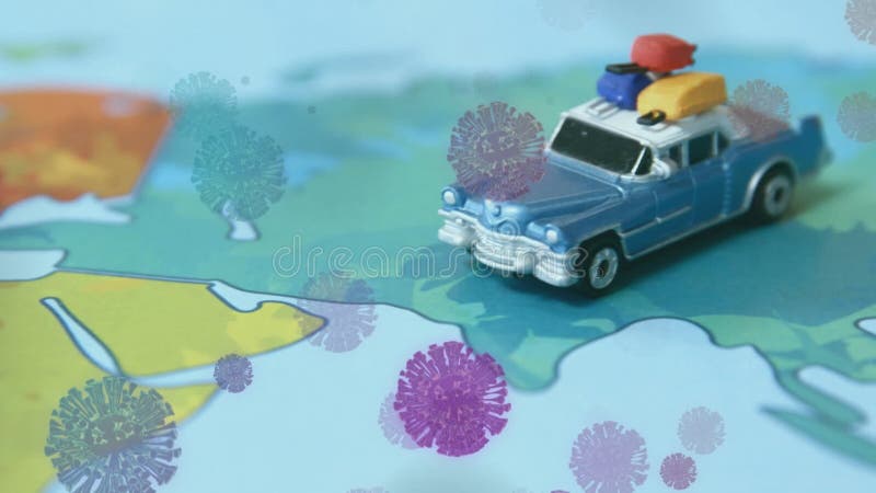 Animation des cellules macro covid19 flottant sur une carte du monde avec une position de jouets de voiture sur l'Asie clips vidéos