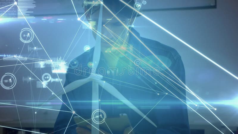 Animation des connexions réseau au-dessus d'éolienne et d'homme caucasien illustration de vecteur