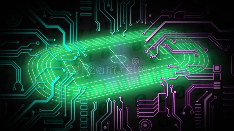 Animation des digitalen grünen Fußballspielplatzes und Leiterplattenmusters über Binärcodes lizenzfreie abbildung