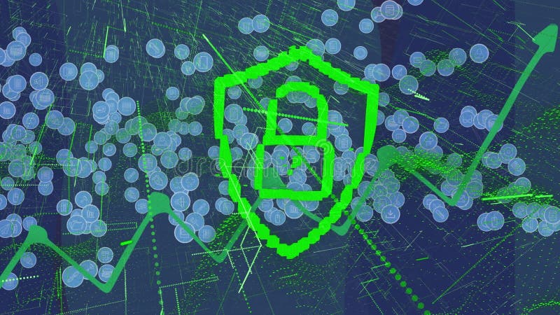 Animation des digitalen grünen Padlocks mit Schild, die sich über abstrakte Computersymbole bewegen stock abbildung