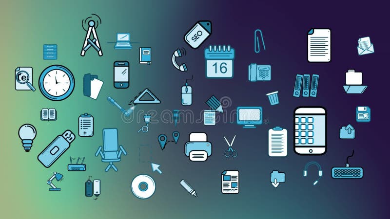 Animation des fournitures de bureau et des icônes technologiques sur fond dégradé illustration stock