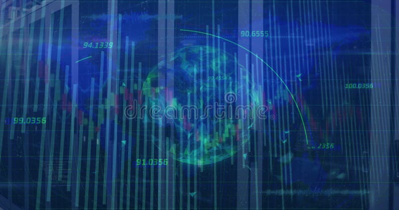 Animation des Globus mit Zahlenlinien und Graphen, die sich über Datenserver-Racks bewegen vektor abbildung