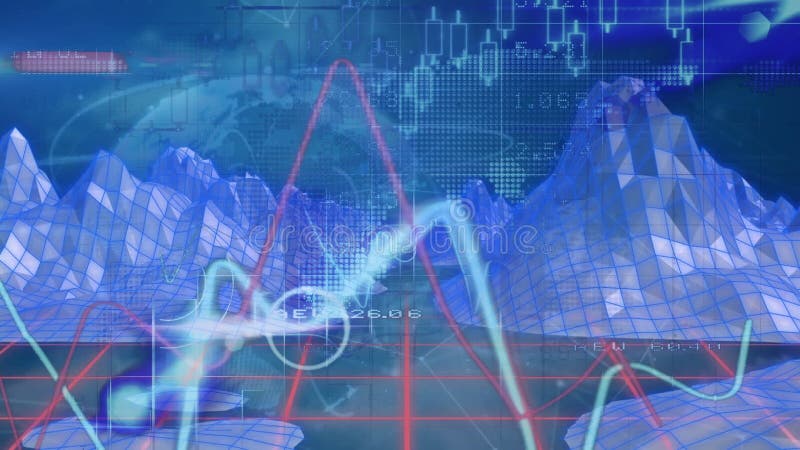 Animation des graphiques de données financières globe 3d wireframe montagnes sur interface graphique illustration stock