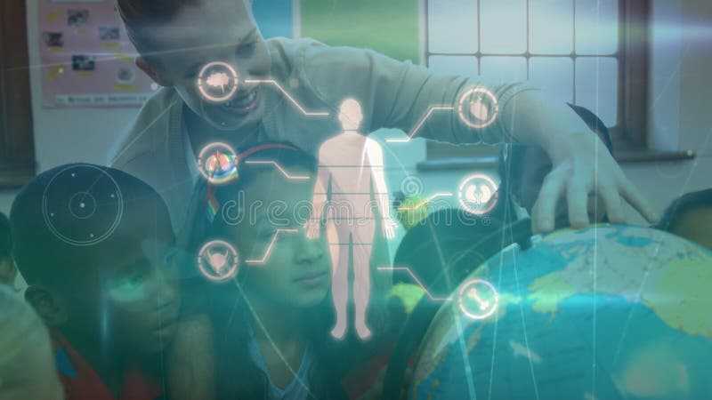 Animation des menschlichen Körpers mit Symbolen über verschiedene Schulkinder und Lehrerin mit Globus stock footage