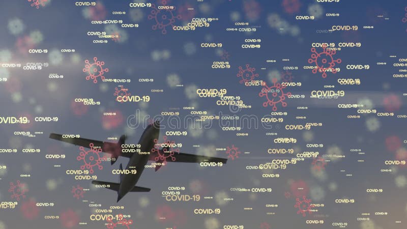 Animation des mots et des covid19 macro icônes de cellules covid19 flottant au-dessus d'un vol d'avion banque de vidéos