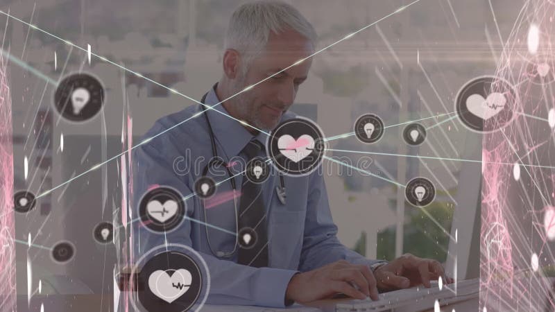 Animation des Netzwerks von Verbindungen mit Ikonen über kaukasischen Geschäftsmann mit Computer stock video footage